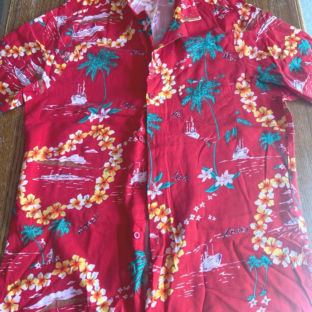 Vtg Men’s Frankenstein Hawaiian button up shirt Red Floral Cruise Ships Size L